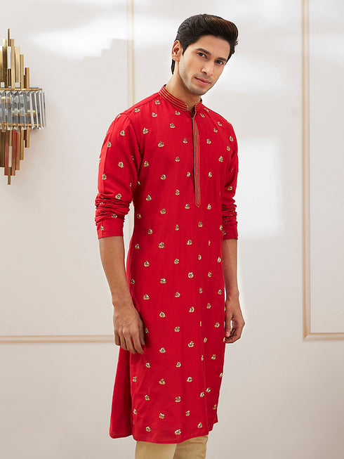 Men's Red Viscose Kurta